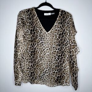 Calvin Klein Women’s Leopard Print Ruffle Sleeve Blouse V Neck Size Medium?